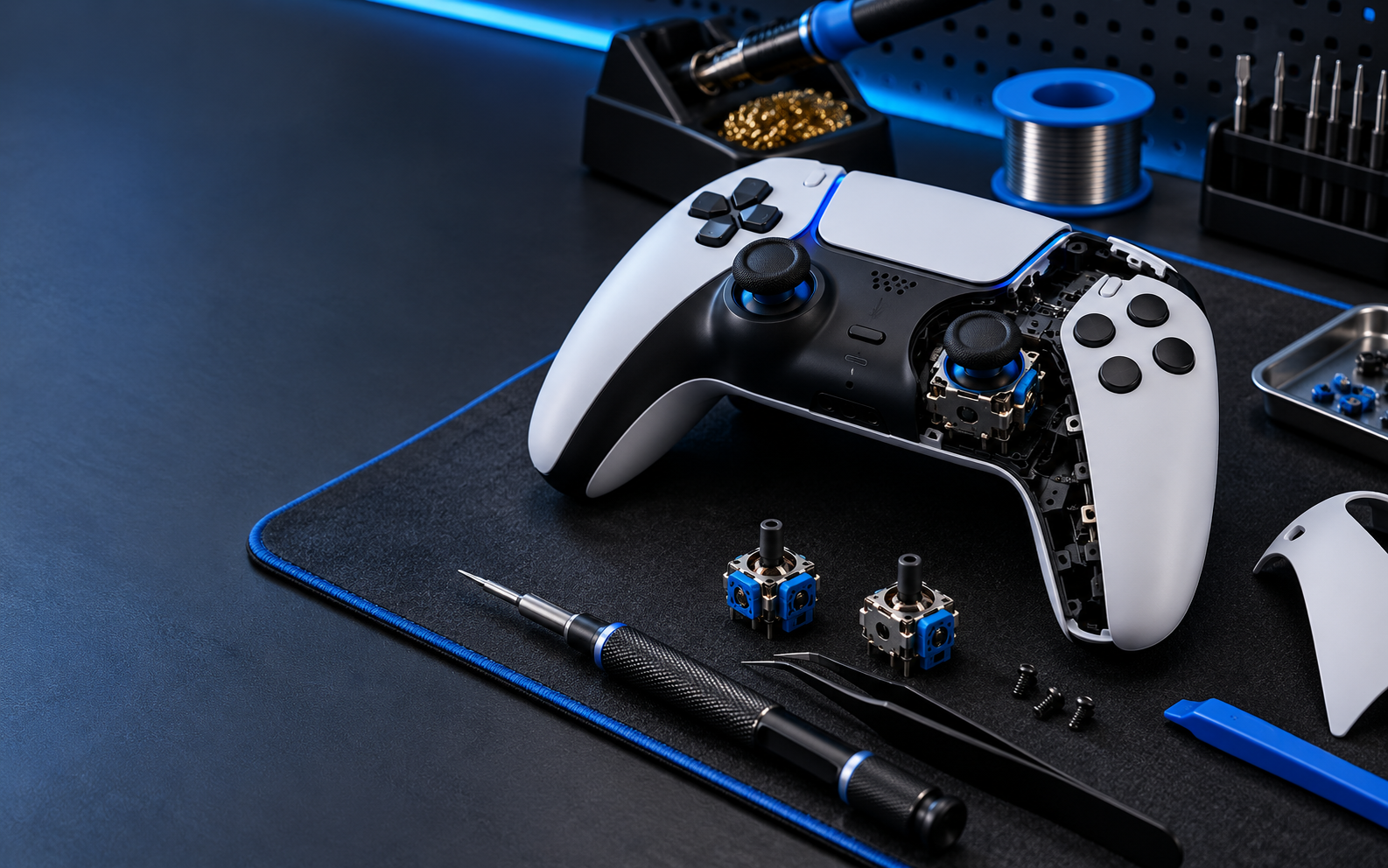 A custom controller opened for professional joystick repair on a clean electronics workbench